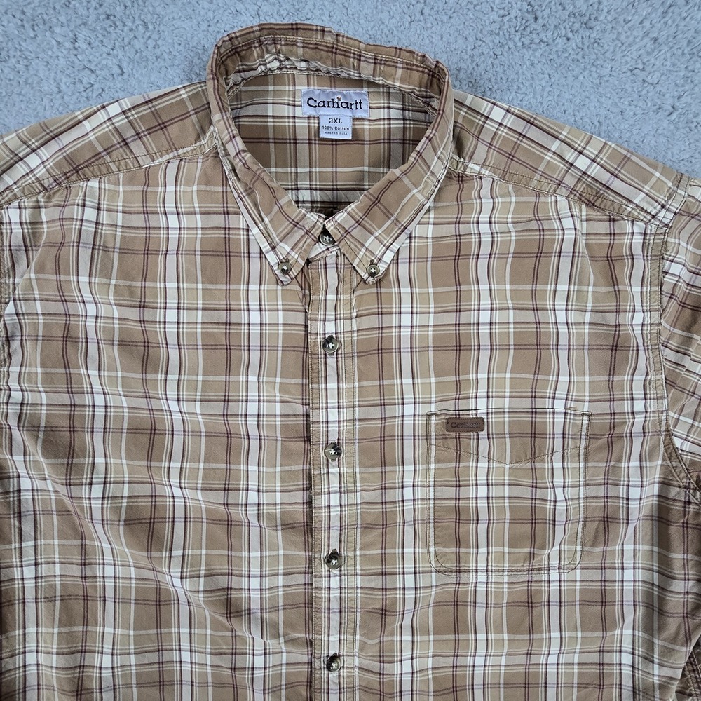 Carhartt Shirt Mens 2XL Brown Plaid Short‎ Sleeve Workwear Button Up XXL - Picture 4 of 13